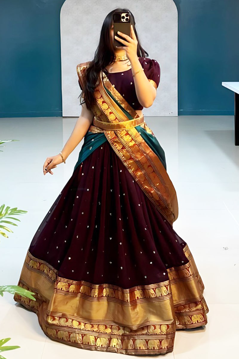 Wine Color Stitched Half Saree For Wedding