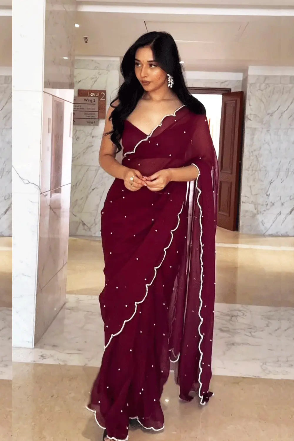 Pre Stitched Wine Color Saree For Farewell
