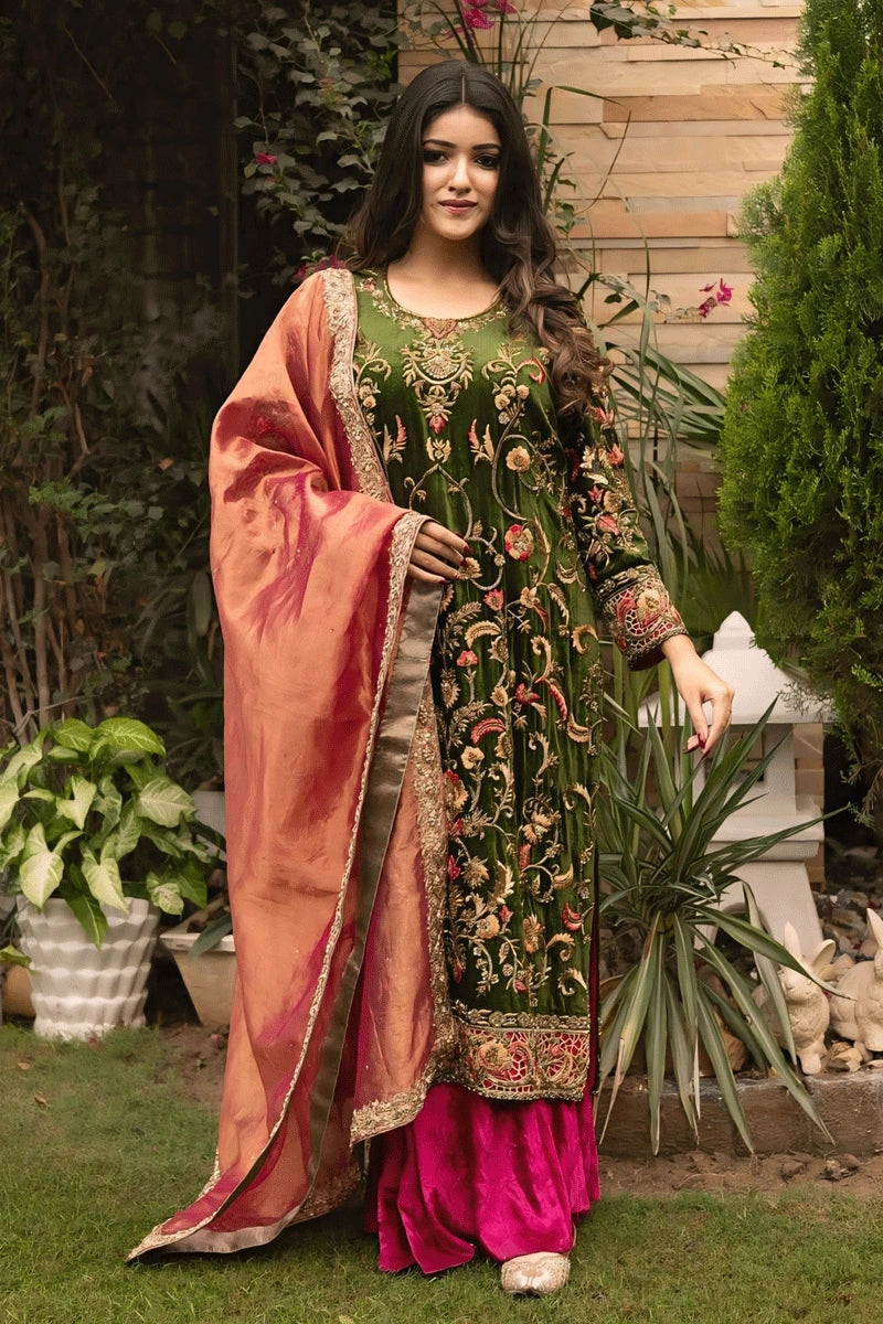 Winter Special Velvet Embroidery Work Dress For Mehendi - Anaya Designer Studio Green / XXL