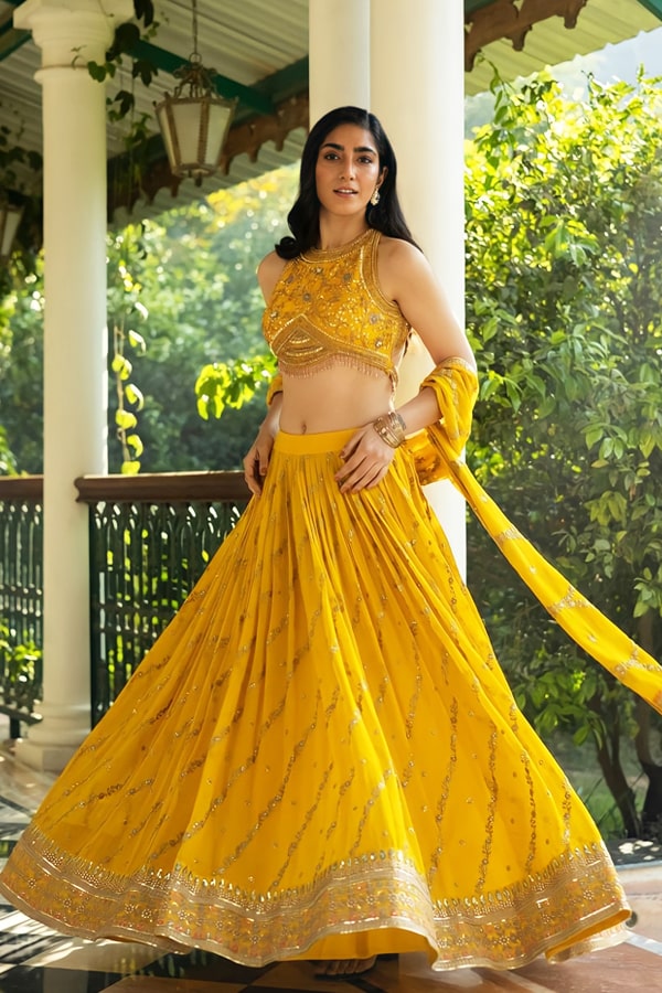 Yellow Crop Top Lehenga For Girls 2022 - Main Image