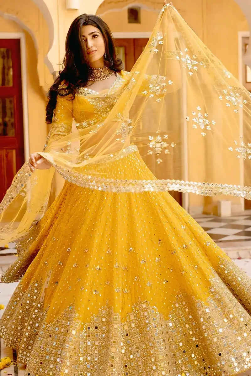 Georgette Yellow Lehenga For Bridal Look in Haldi Ceremony