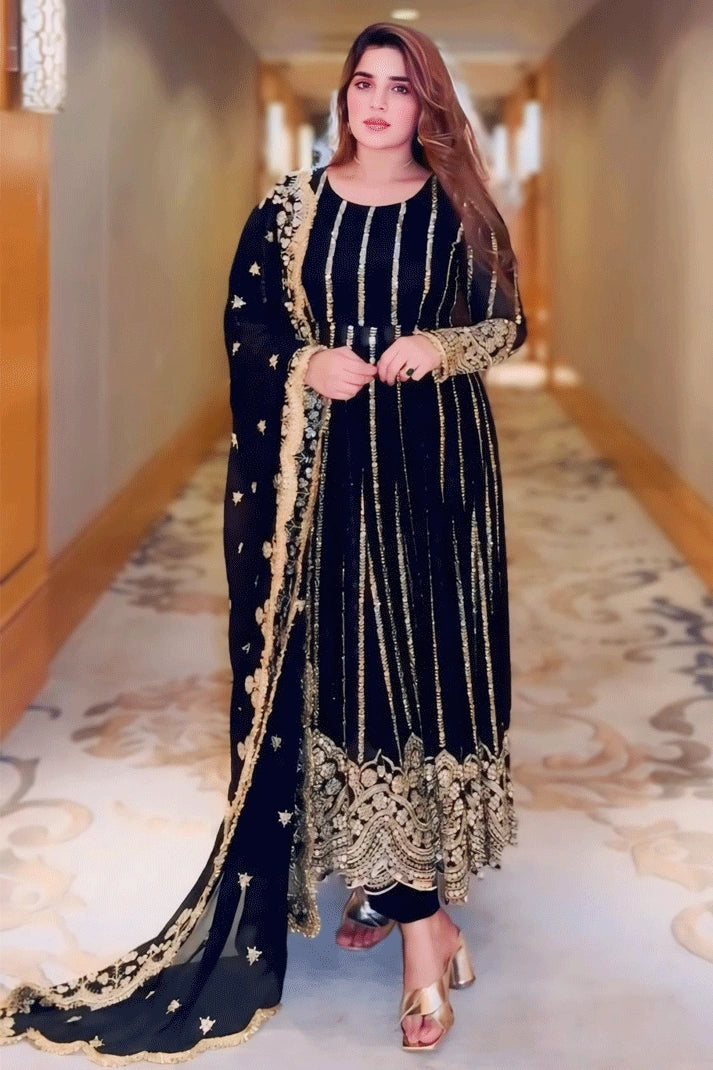 Embroidery Work Golden Black Long Gown For Diwali - Anaya Designer Studio Embroidery Work Golden Black Long Gown For Diwali - Anaya Designer Studio