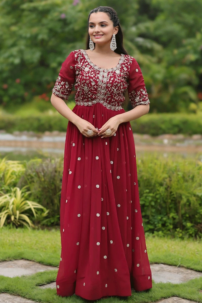 Sequin Embroidery Work Red Colour Gown For Karva Chauth - Anaya Designer Studio Sequin Embroidery Work Red Colour Gown For Karva Chauth - Anaya Designer Studio
