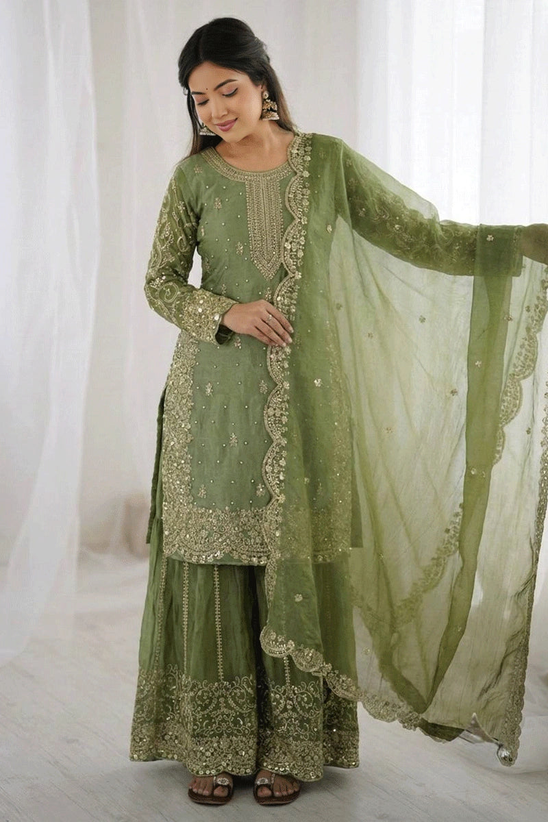 Fendi Silk Embroidery Work Designer Kurti Sharara Dupatta Set Green / L(40) Fendi Silk Embroidery Work Designer Kurti Sharara Dupatta Set Green / L(40)