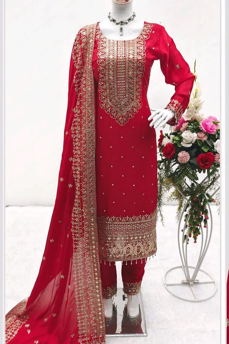 Embroidery Work Red Dress For Karwa Chauth - Main Image