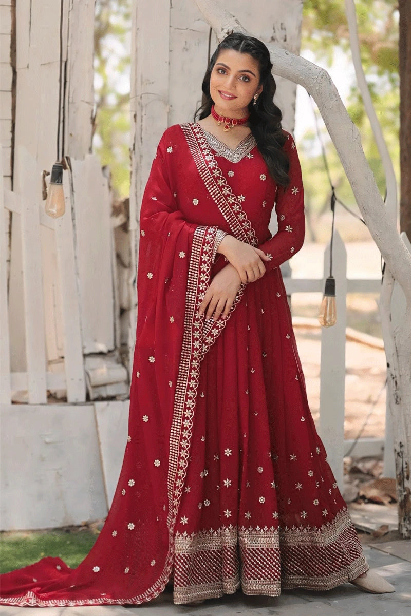 Karwa Chauth Special Red Colour Gown For Women - Main Image