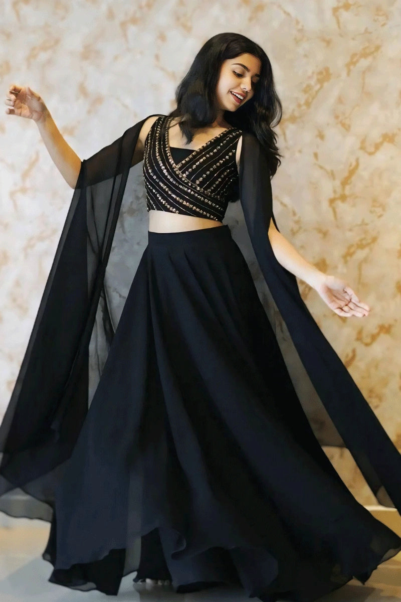 Georgette Heavy Flare Black Lehenga For Girls