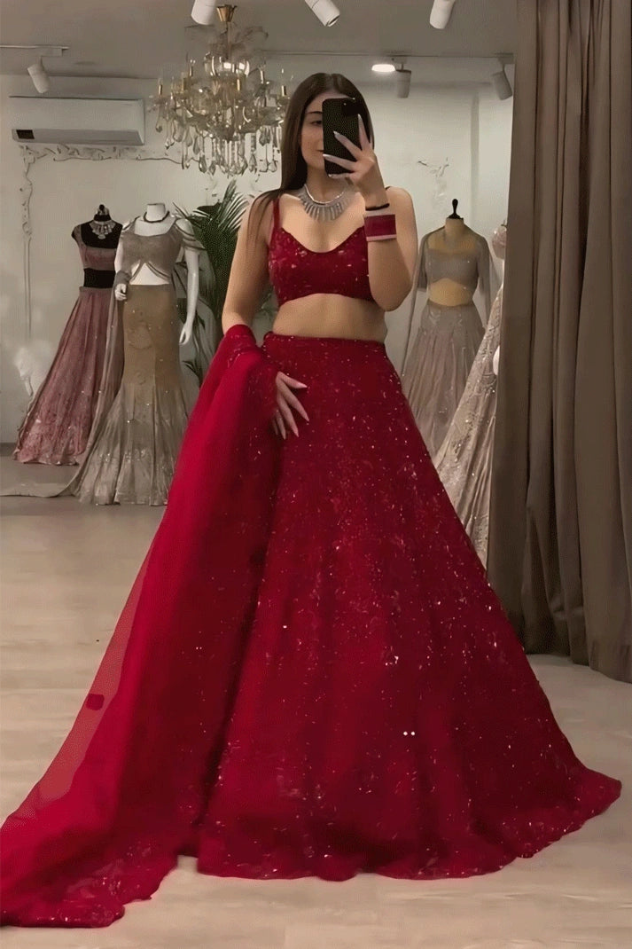 Heavy Flair Crop Top Red Lehenga With Dupatta - Main Image