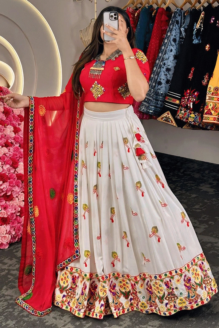 Rayon Fabric White Colour Lehenga For Navratri