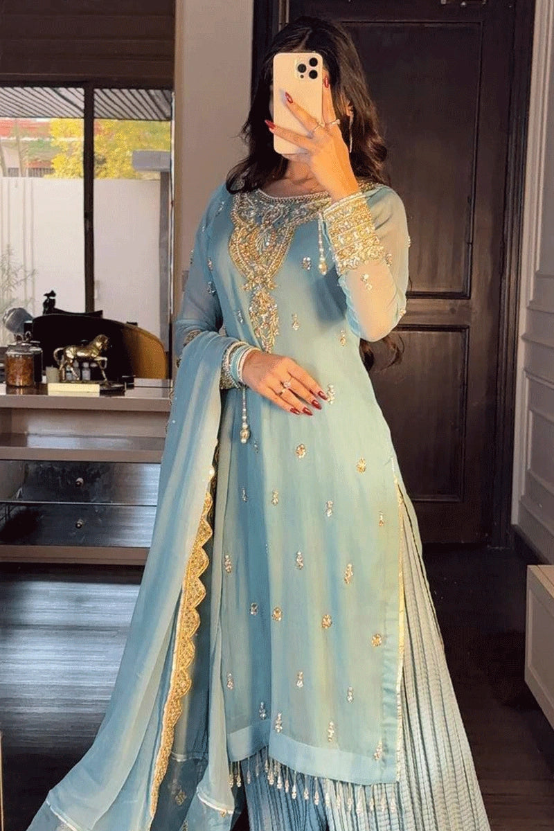 Sharara Plazo Kurti Wedding Sky Blue Color Sharara Suit Pair With
