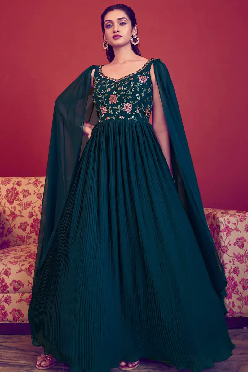 teal blue color dress Teal Blue Color Designer Gown For Raksha Bandhan