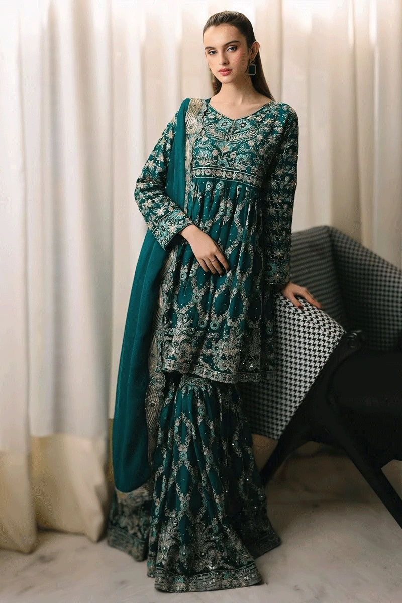 Green Color Pakistani Sharara Suit For Eid Festival - Anaya Designer Studio Dark Green / L Green Color Pakistani Sharara Suit For Eid Festival - Anaya Designer Studio Dark Green / L