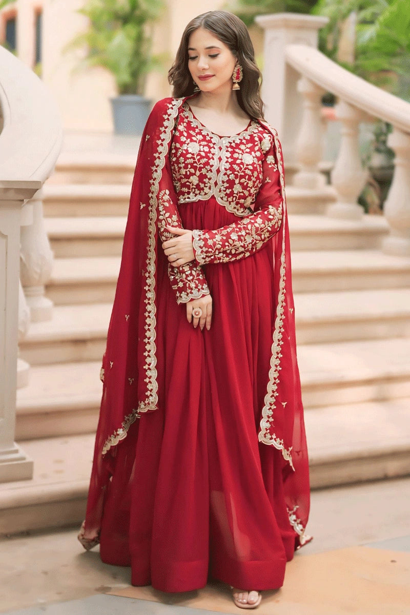 Designer red gown for women with heavy embroidery work bollywood style on sale gown wedding and party wear, gown