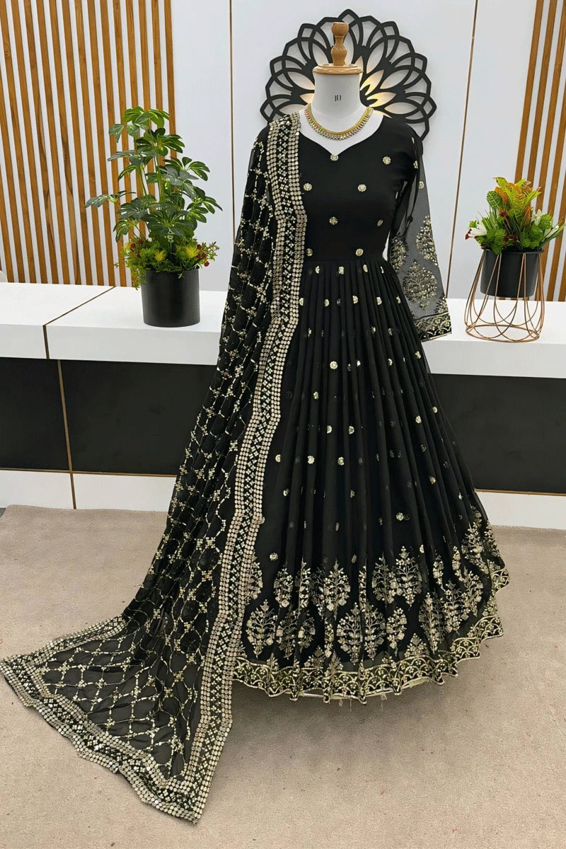 Georgette Heavy Flare Black Gown For Wedding