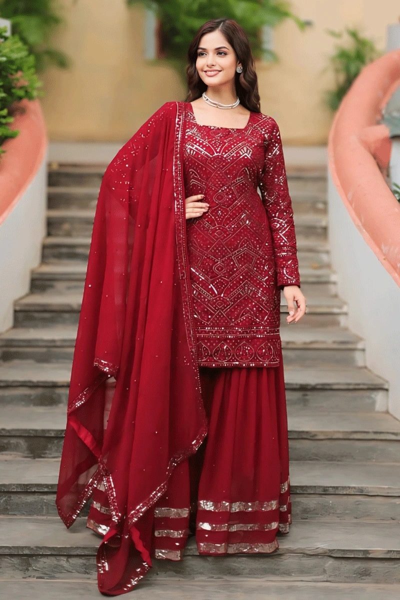 long sleeve sharara dress Deep Garnet Embroidered Tissue Sharara Suit XS