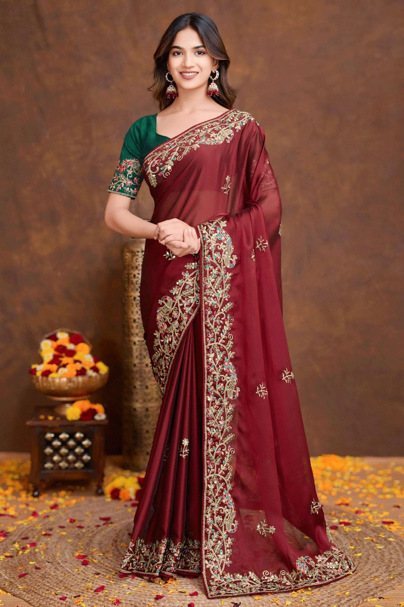 Red Colour Saree With Heavy Border For Wedding