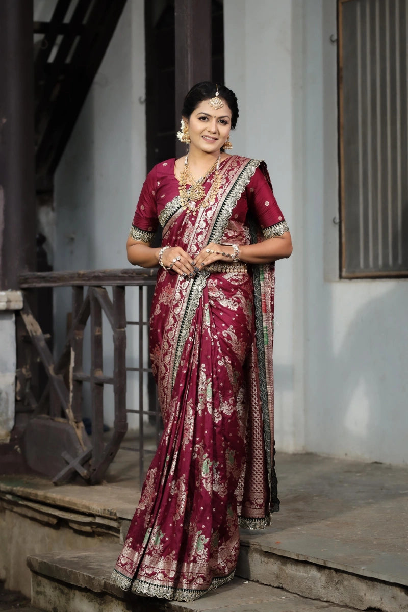 Maroon Colour Flower Print Designer Saree For Wedding