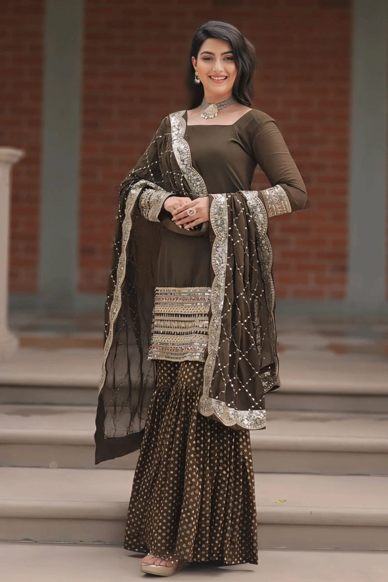 long sleeve sharara dress Green Embroidered Bell Sleeved Sharara Suit Latest 2537SL01