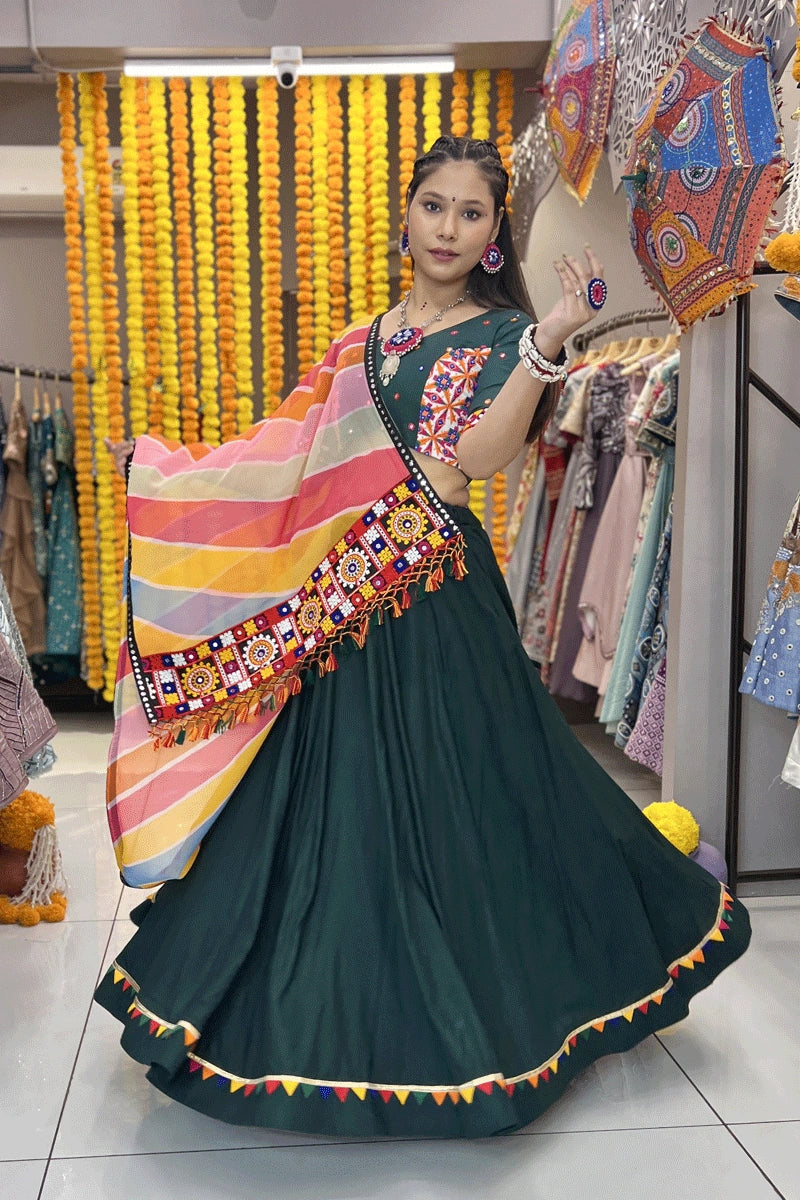 Gujarati Green Lehenga Choli With Multi Colour Dupatta For Navratri