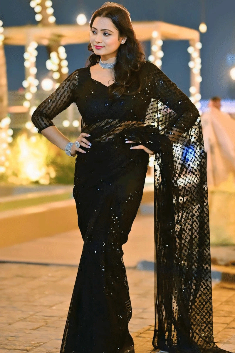Heavy Sequins Work Black Colour Saree For Diwali Festival