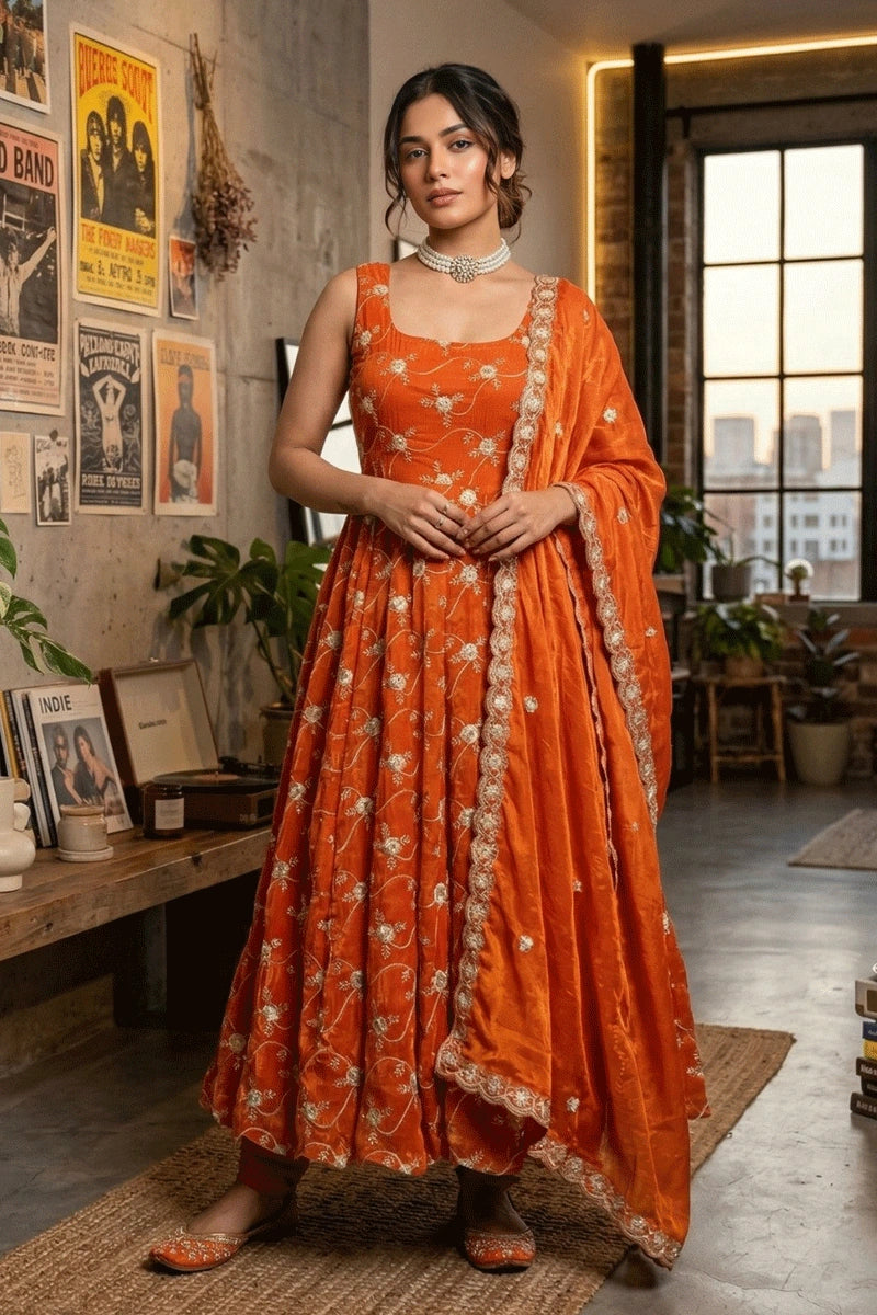 open lace back dress Buy Orange Mirror Embroidered Anarkali Gown With Jacket Online