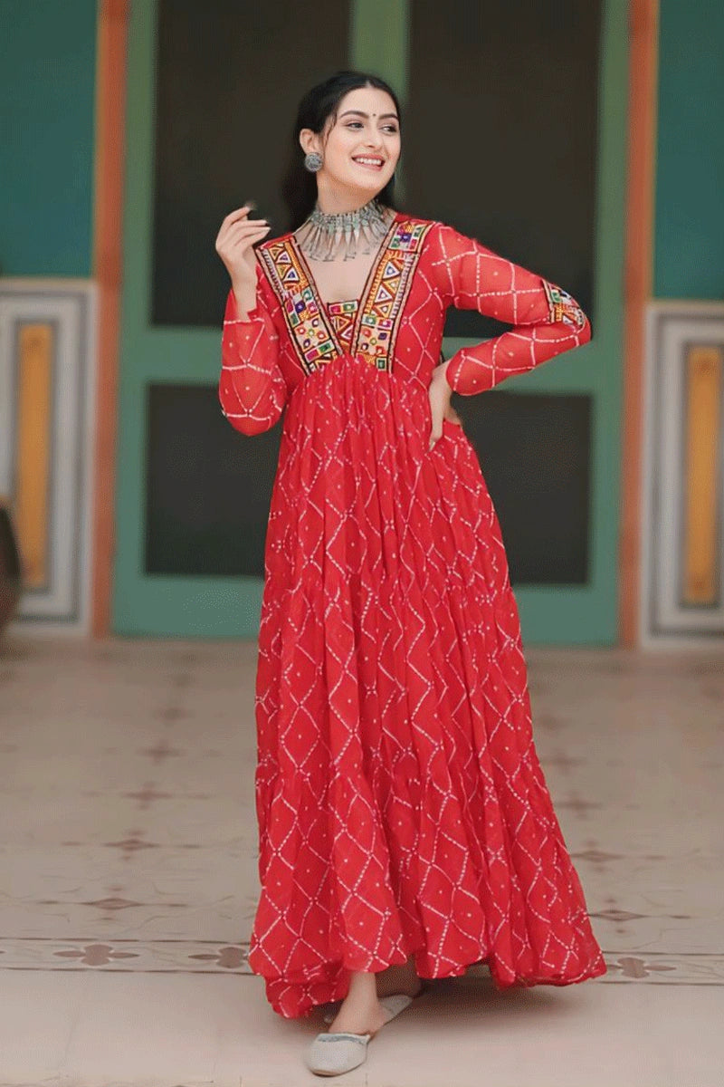 New Arrival Bandhani Orange Long Gown For Navratri - Anaya Designer Studio New Arrival Bandhani Orange Long Gown For Navratri - Anaya Designer Studio