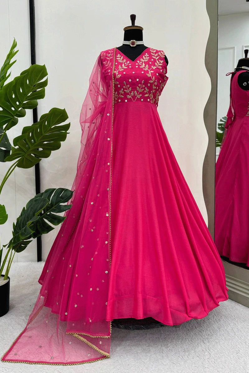 Long Pink Color Gown With Dupatta For Wedding1
