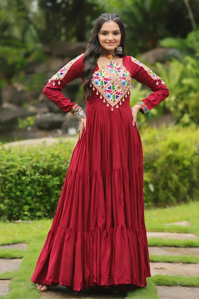 Heavy Flair Inner Cotton Fabric Maroon Gown For Garba - Anaya Designer Studio Heavy Flair Inner Cotton Fabric Maroon Gown For Garba - Anaya Designer Studio