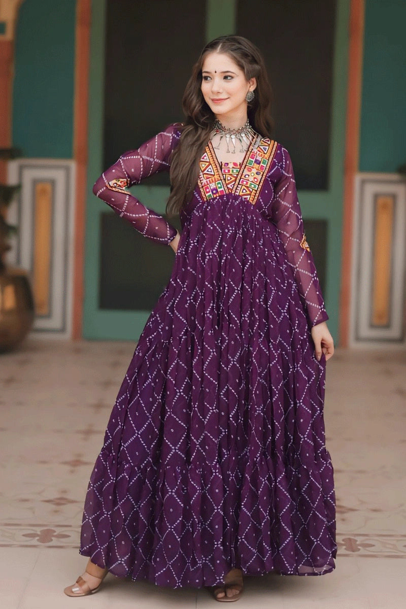 Girl Gown Suit Online Georgette Bandhani Print Purple Gown Dress