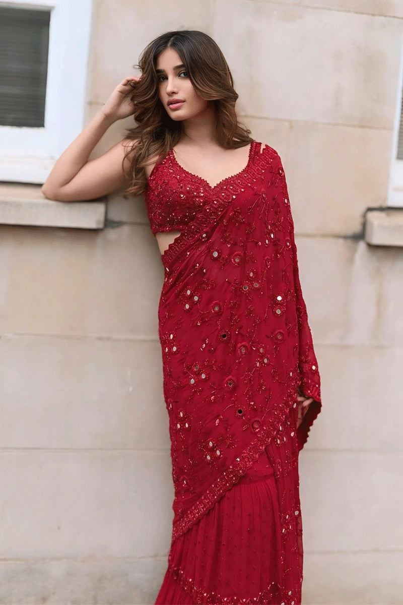 red saree dress Rasha Thadani Saree in Red Georgette With Embroidery and Real Mirror Work