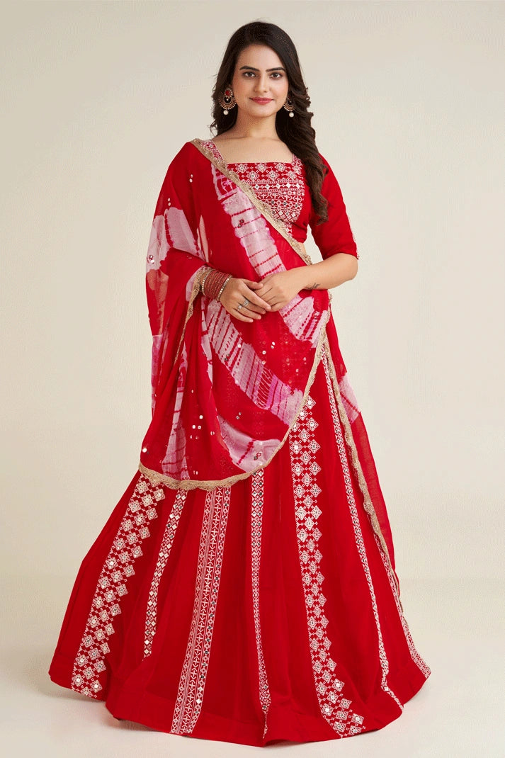 Georgette Fabric Red Lehenga Choli For Wedding - Main Image