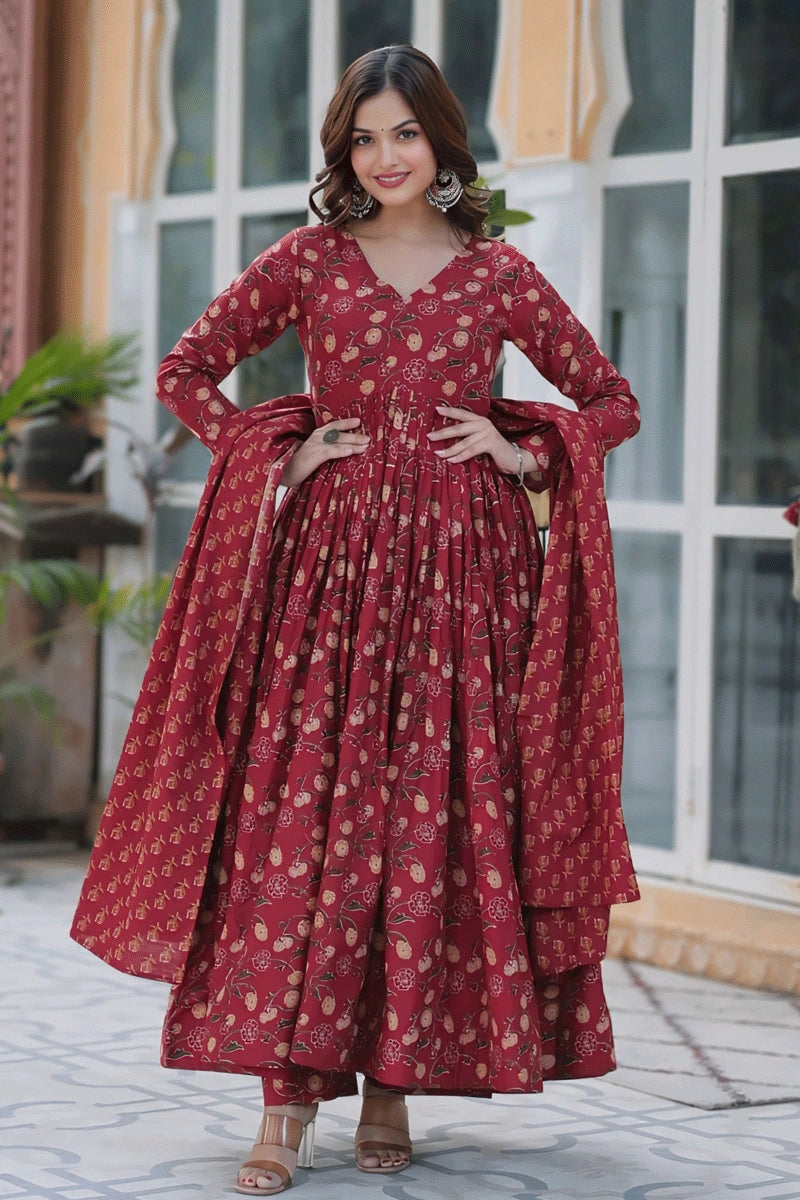 cotton long dress with dupatta Long Gown Cotton Gown With Dupatta Teal Dupion Silk Cotton Fit And Flare Dress Dupatta