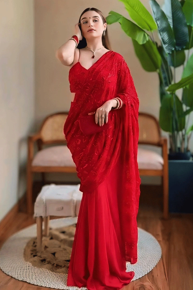 red dress saree Off Shoulder Red Saree | Party Wear Saree