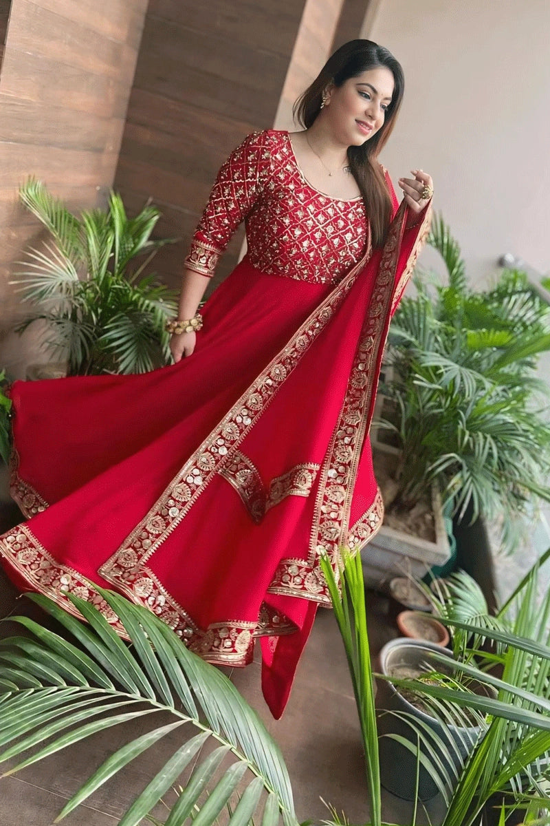 Heavy Flair Red Colour Gown For Karwa Chauth - Anaya Designer Studio Red / M Heavy Flair Red Colour Gown For Karwa Chauth - Anaya Designer Studio Red / M