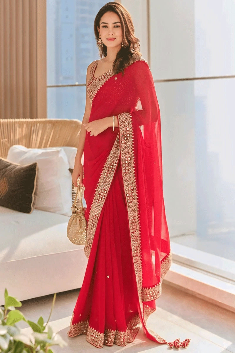 Red Color With Heavy Border Saree For Wedding - Main Image