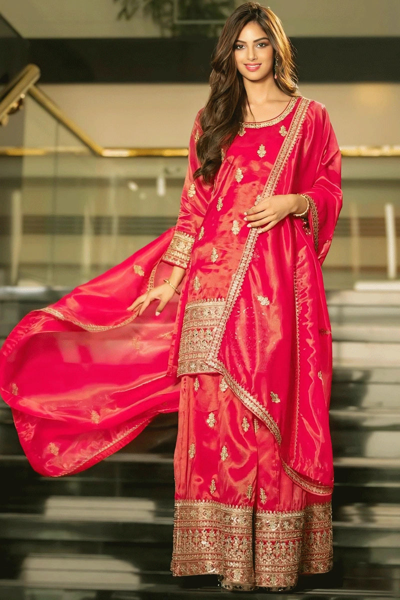 red and golden sharara dress Red Embroidered Kurta Set with Golden Sharara