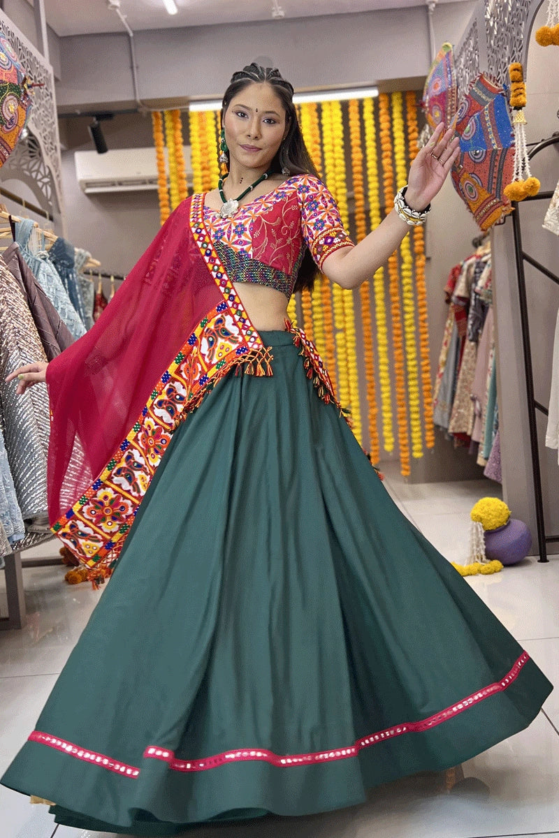 Pakistani Green lehenga choli for women, Latest designer Soft Cotton with Printed lehenga choli outlet with All Over Sequins Work Butties dupatta