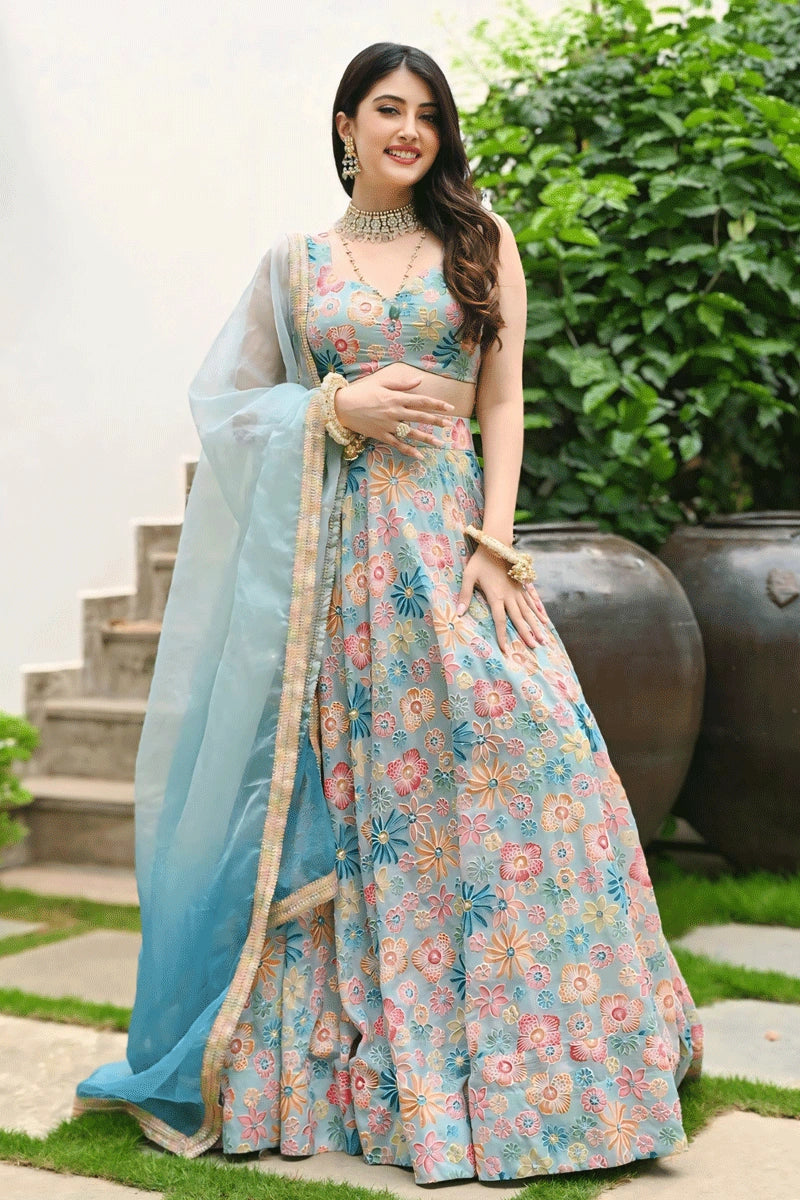 Flower Design Sky Blue Colour Lehenga Choli For Wedding - Anaya Designer Studio Flower Design Sky Blue Colour Lehenga Choli For Wedding - Anaya Designer Studio