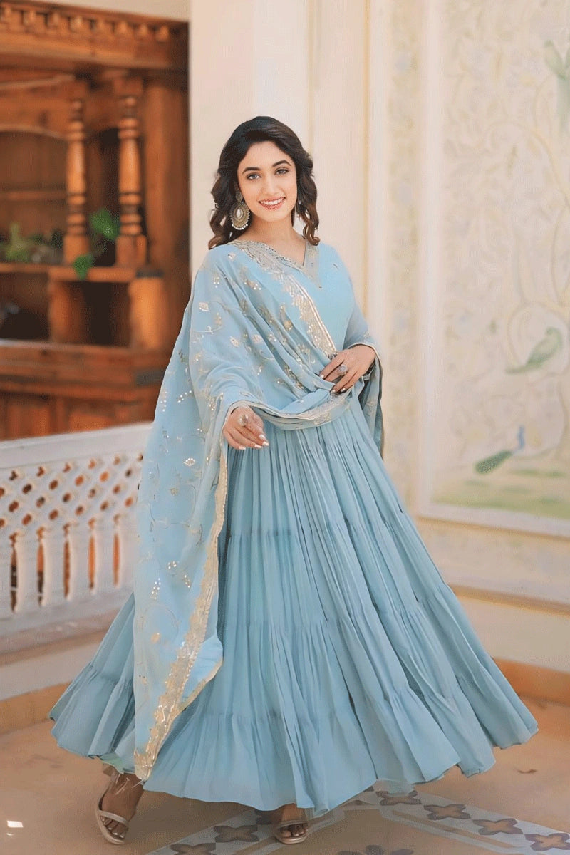 Girl Diwali Special Dress Sky Blue Colour Layer Gown For Diwali Special Outfits Anaya Girl Diwali Special Dress Sky Blue Colour Layer Gown For Diwali Special Outfits Anaya