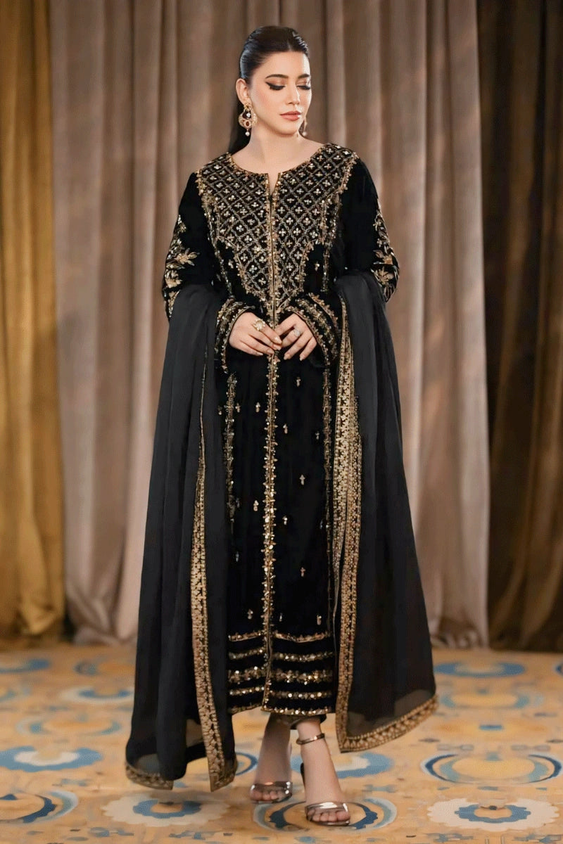 Velvet Fabric All Black Colour Dress For Wedding - Anaya Designer Studio Velvet Fabric All Black Colour Dress For Wedding - Anaya Designer Studio