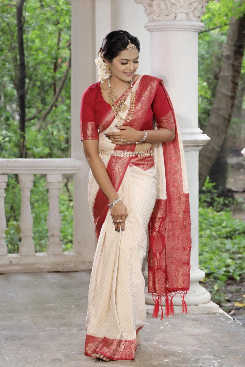 Wedding Look White And Red Colour Silk Saree