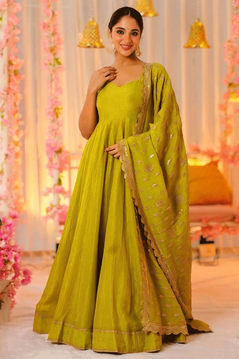 Mehendi Color Long Gown For Haldi Function - Anaya Designer Studio Mehedi / XL Mehendi Color Long Gown For Haldi Function - Anaya Designer Studio Mehedi / XL