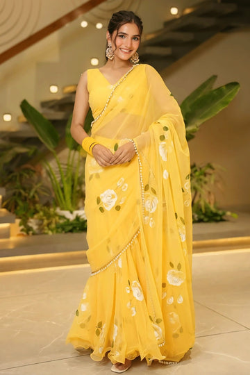 Ready To Wear Yellow Flower Saree For Haldi Ceremony