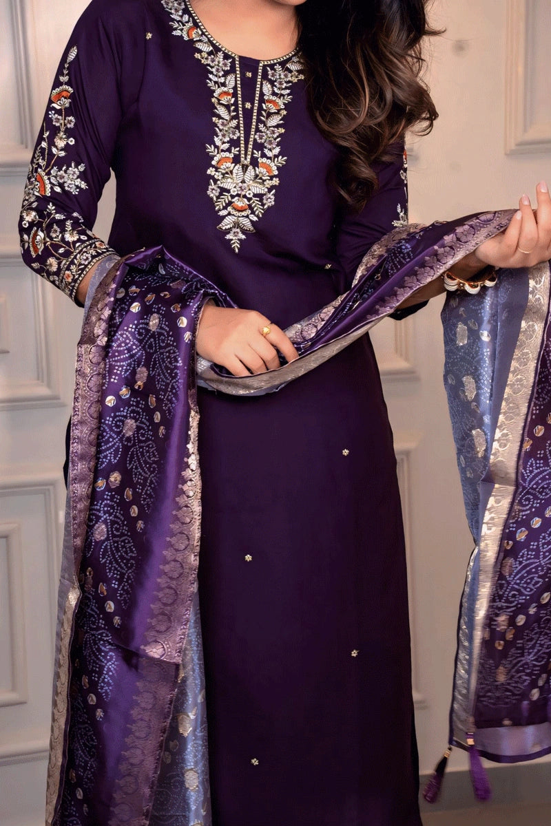 Dark Purple Color Embroidery work Kurti With Bandhani Print Dupatta Set