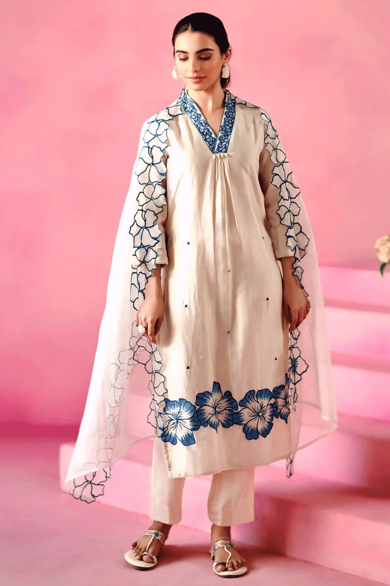 Traditional White Color Embroidery Kurta Set For Pooja