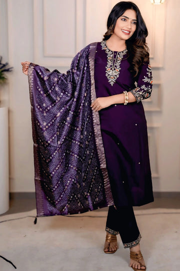 Dark Purple Color Embroidery work Kurti With Bandhani Print Dupatta Set