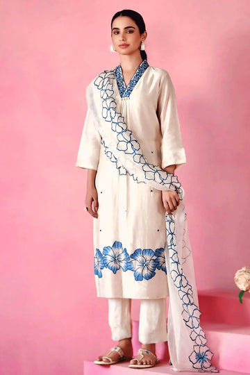 Traditional White Color Embroidery Kurta Set For Pooja