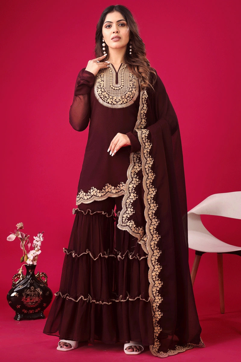 Full Sleeve Brown Sharara Suit For Eid Festival