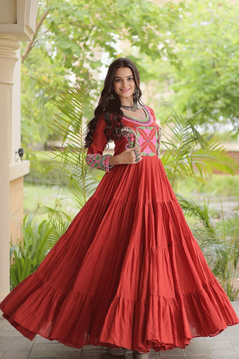 Latest Heavy Flair Embroidery Work Long Gown For Garba