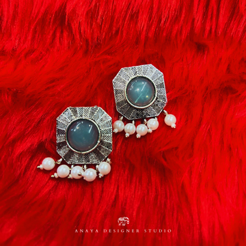 Blue Stone With White Stone Silver Earrings